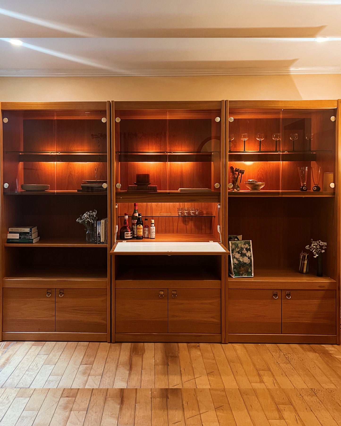 Three Piece Solid Teak and Brass Wall unit (Bar/ Bookshelf/ Display Cabinet)