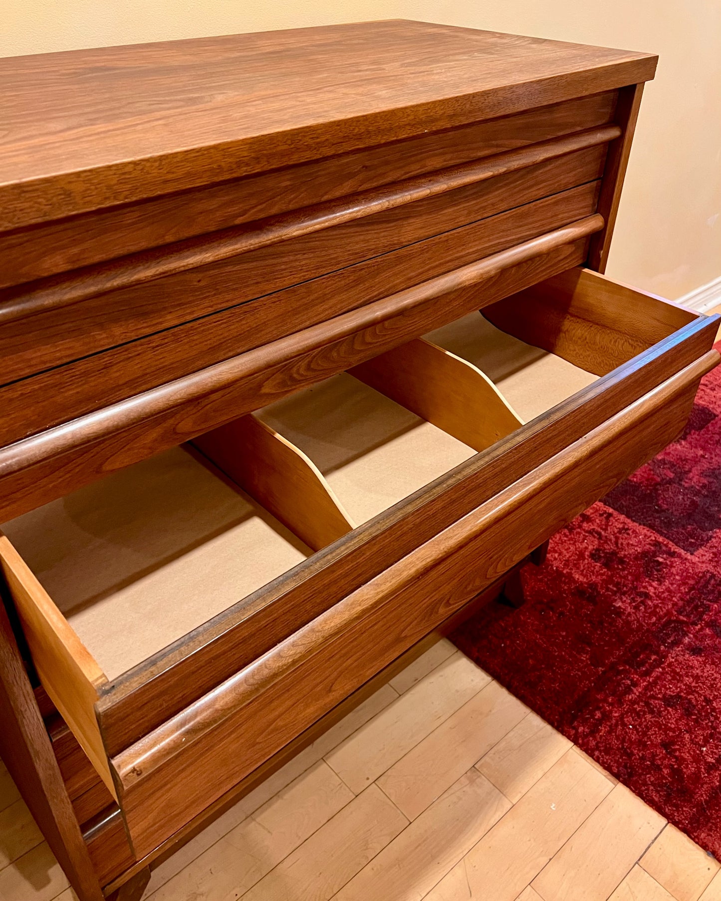 Mid Century Walnut Five Drawer Tallboy Dresser