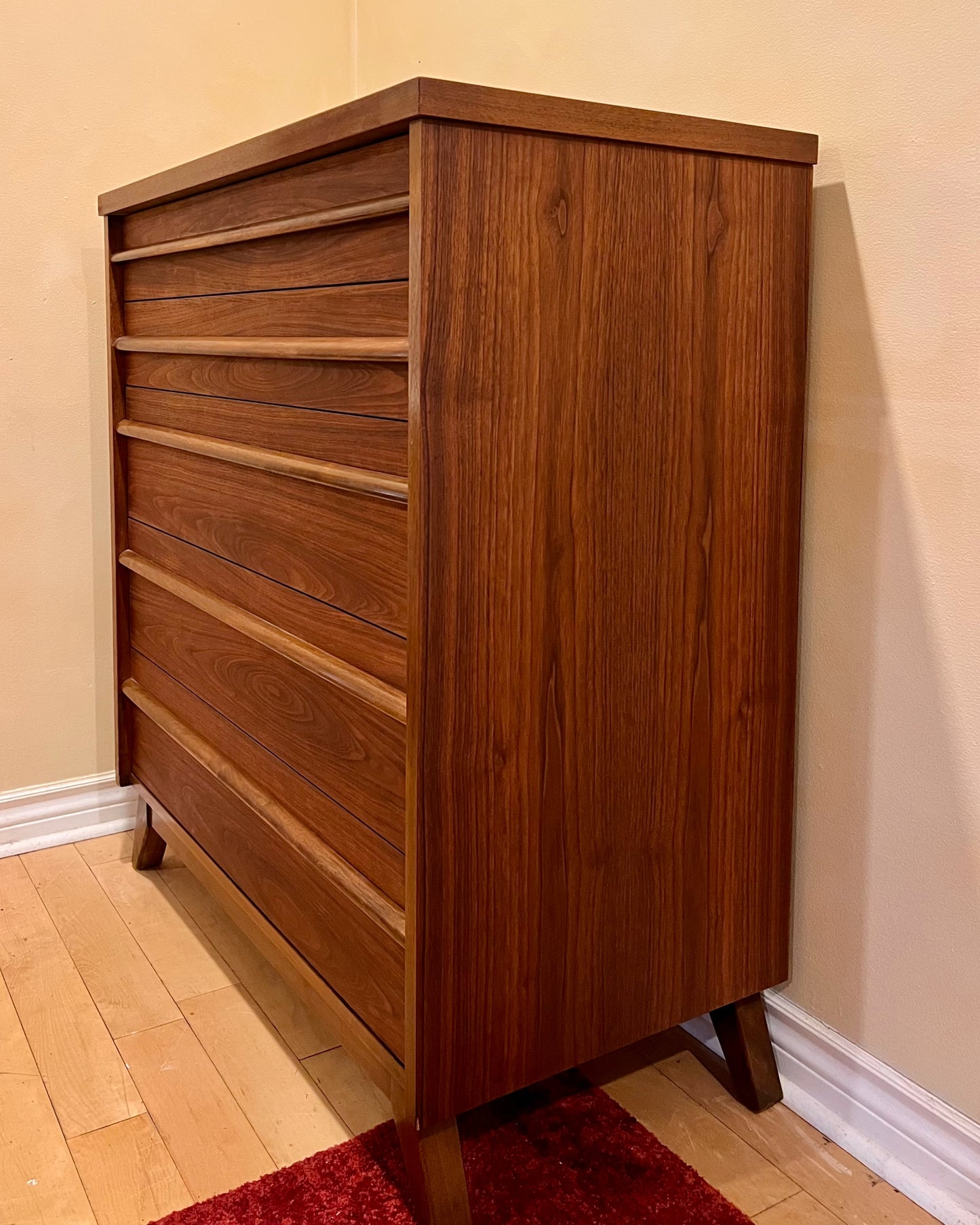 Mid Century Walnut Five Drawer Tallboy Dresser