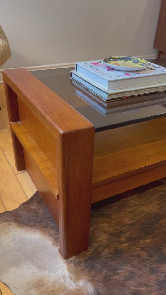 Solid Teak and Smoked Glass Mid Century Coffee Table